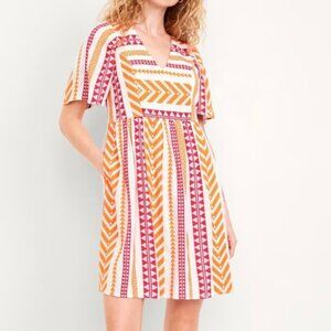Old Navy Dress Large Orange Pink Embroidered Jacquard Swing Aztec Boho